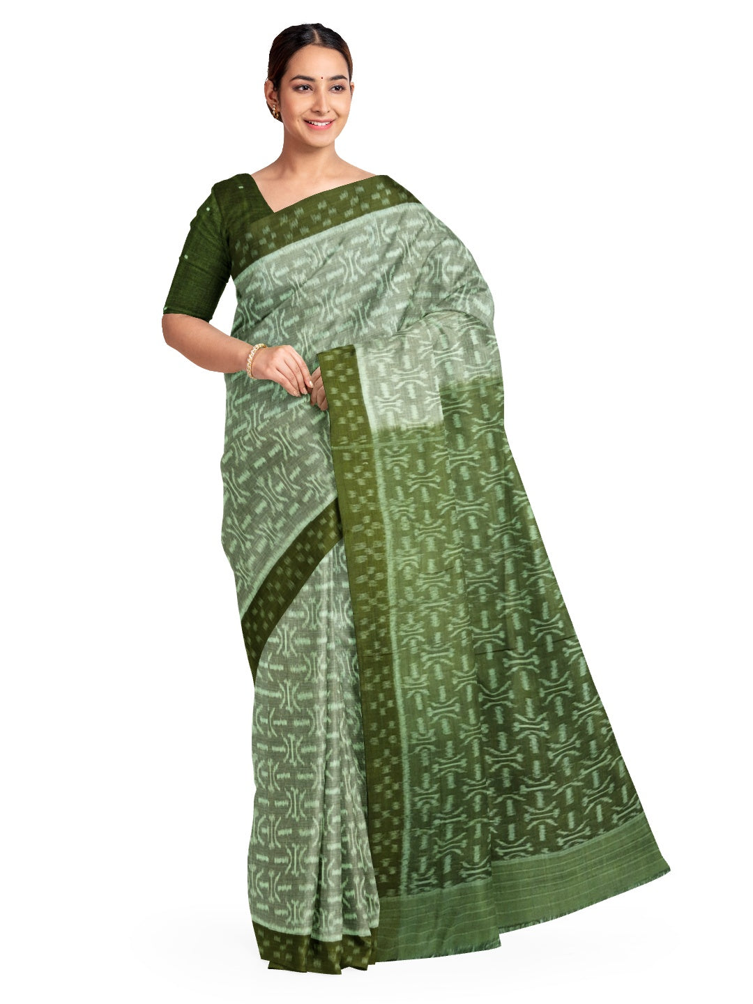 LightGreen Cotton Ikat saree with cotton ikat blouse piece