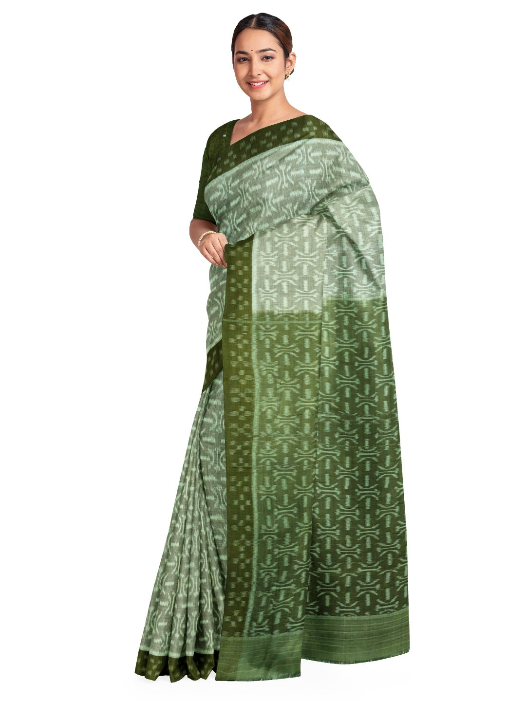 LightGreen Cotton Ikat saree with cotton ikat blouse piece