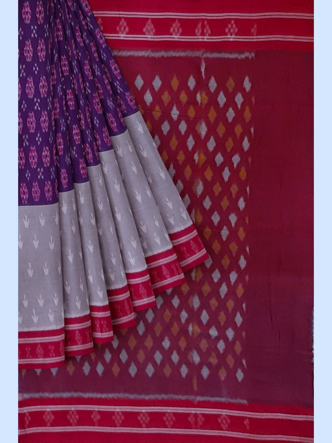 Purple with Grey double coloured Cotton Ikat saree with cotton ikat blouse piece