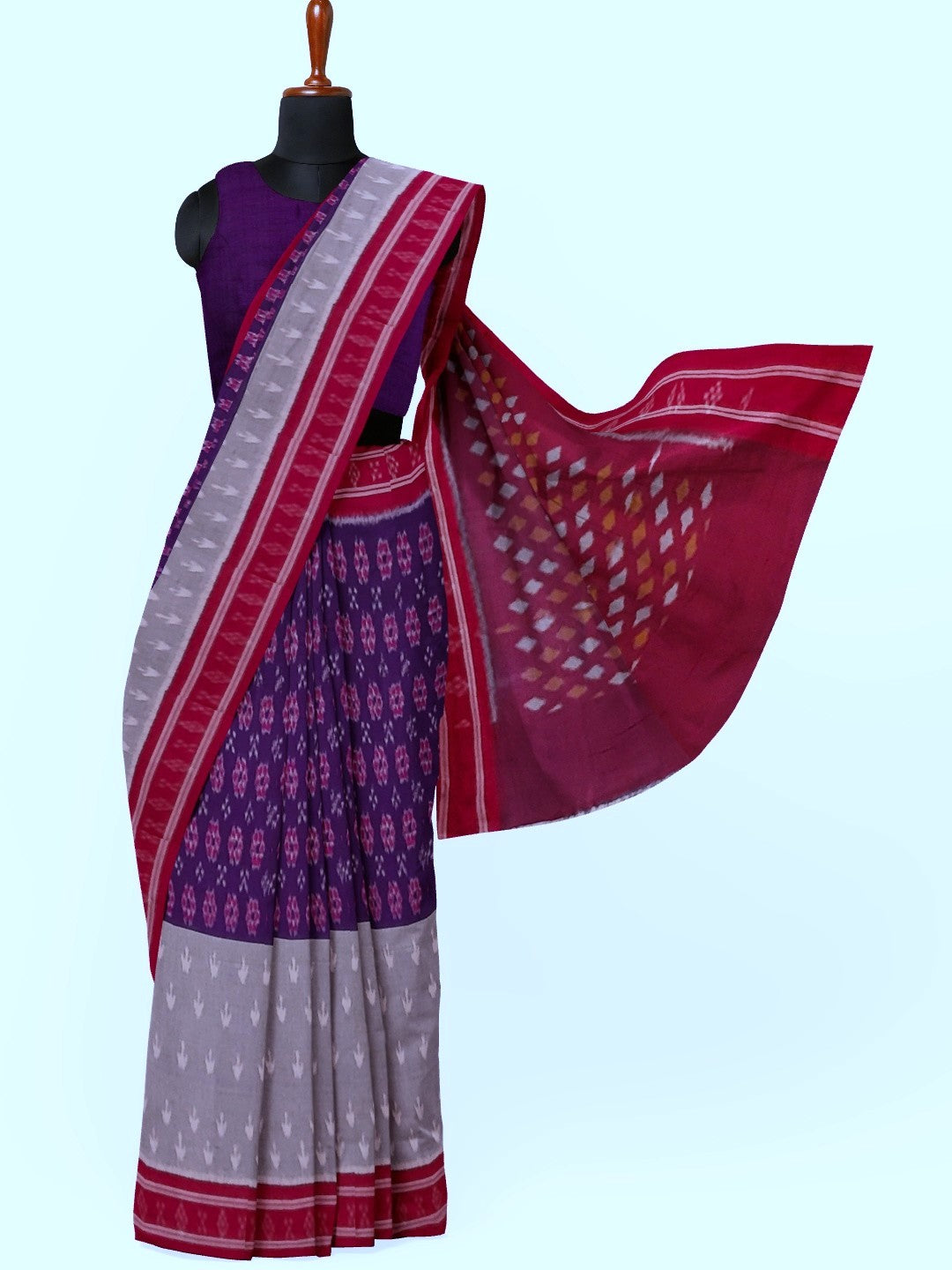 Purple with Grey double coloured Cotton Ikat saree with cotton ikat blouse piece