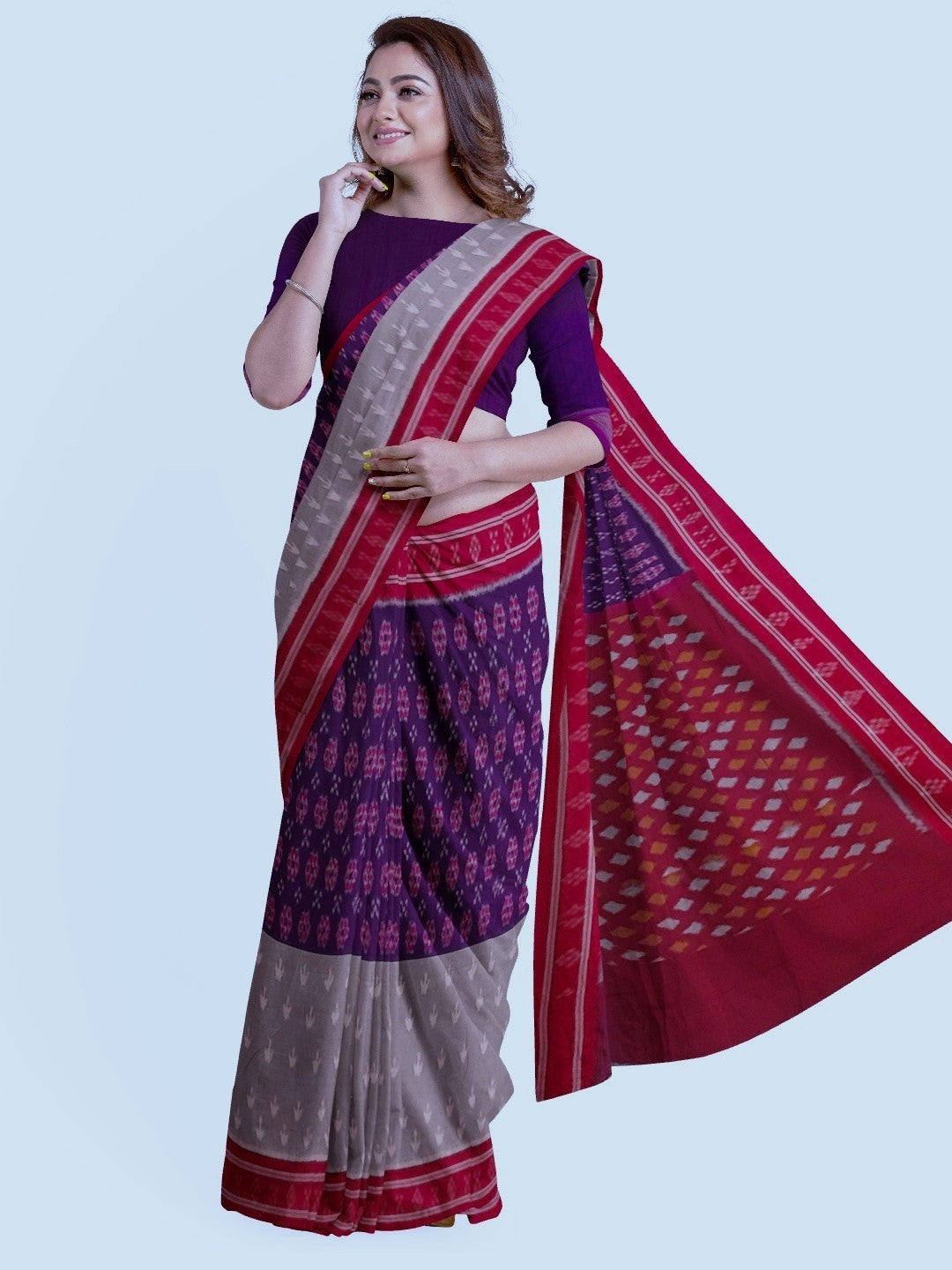 Purple with Grey double coloured Cotton Ikat saree with cotton ikat blouse piece