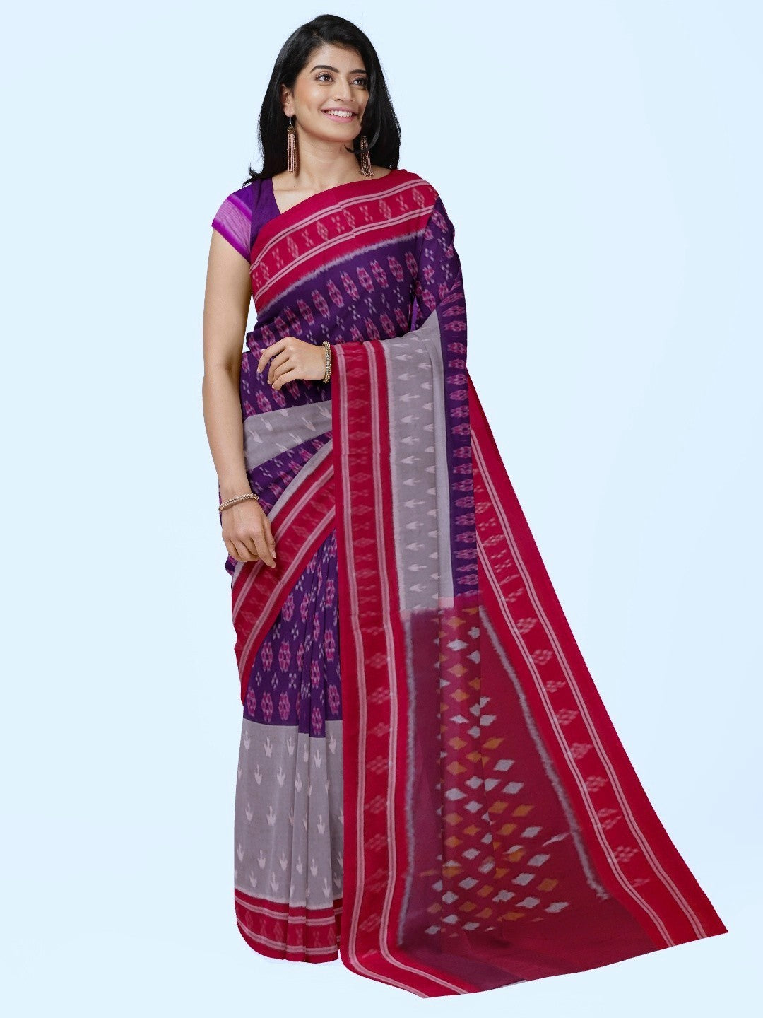 Purple with Grey double coloured Cotton Ikat saree with cotton ikat blouse piece