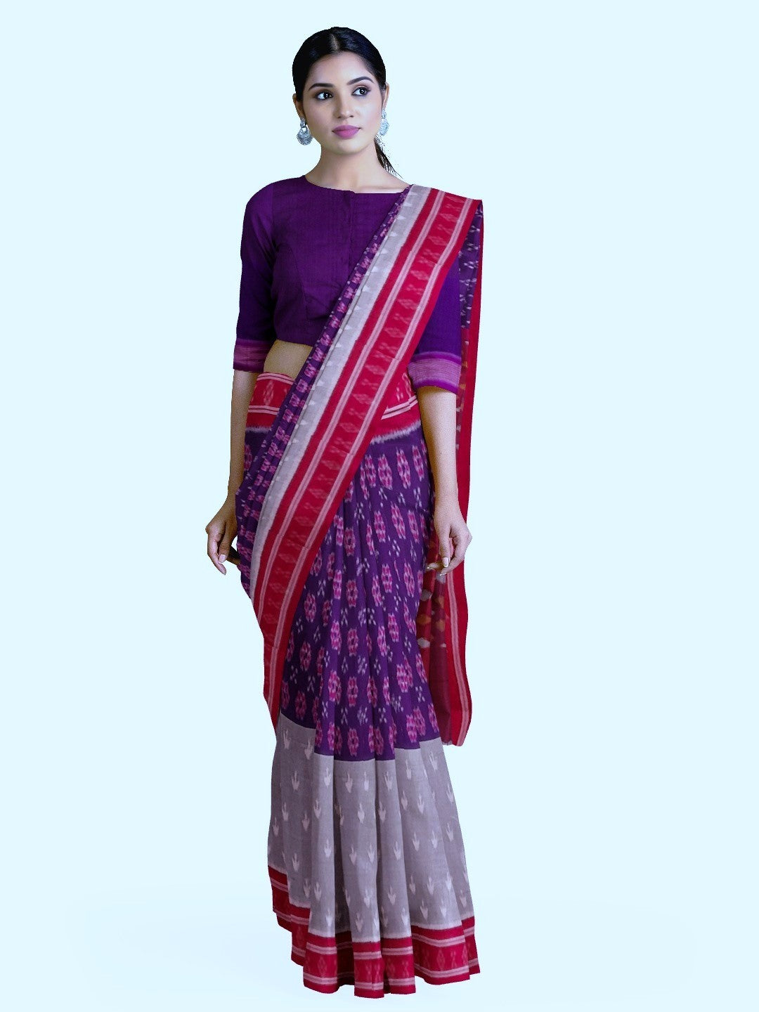 Purple with Grey double coloured Cotton Ikat saree with cotton ikat blouse piece