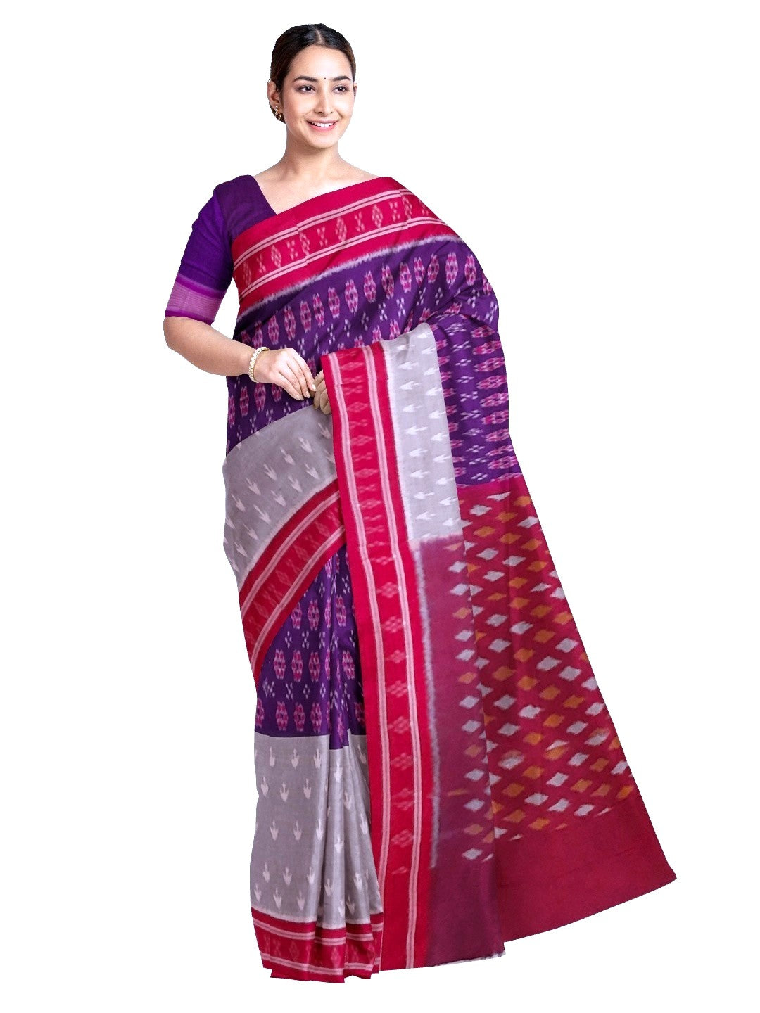 Purple with Grey double coloured Cotton Ikat saree with cotton ikat blouse piece