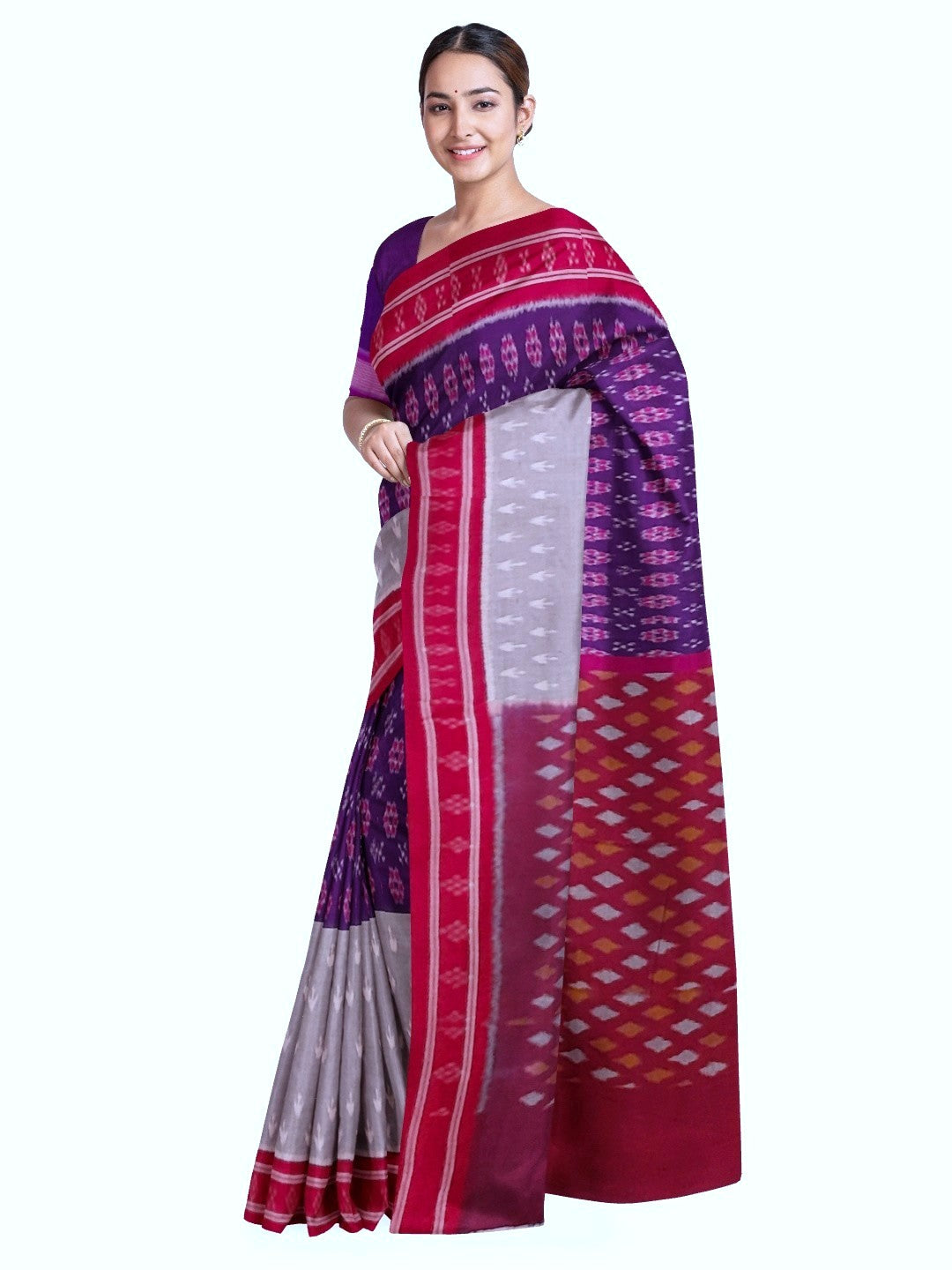 Purple with Grey double coloured Cotton Ikat saree with cotton ikat blouse piece