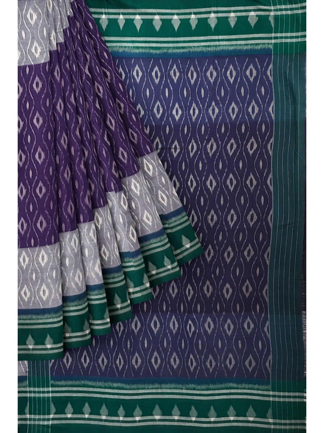 Purple and Green Cotton Ikat saree with cotton ikat blouse piece