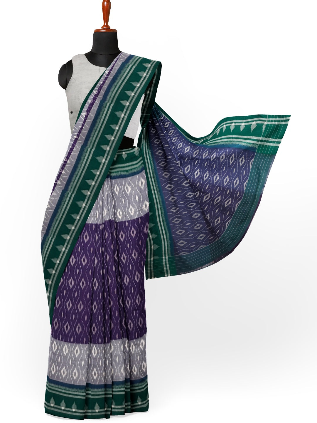 Purple and Green Cotton Ikat saree with cotton ikat blouse piece