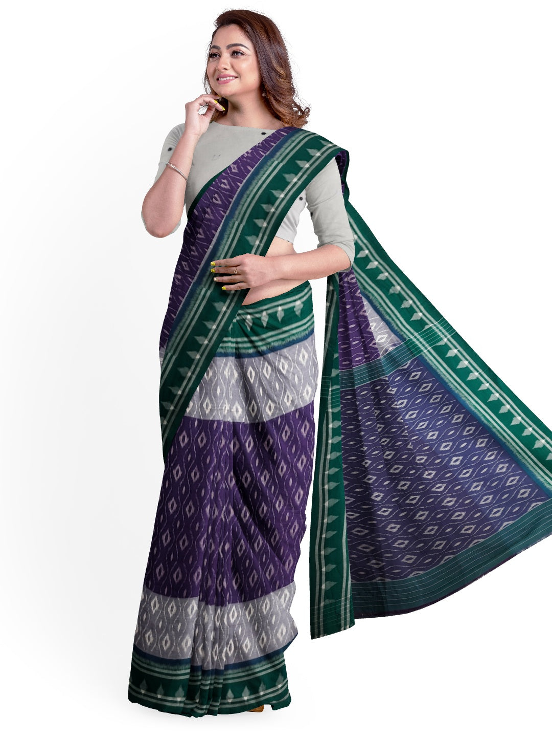 Purple and Green Cotton Ikat saree with cotton ikat blouse piece