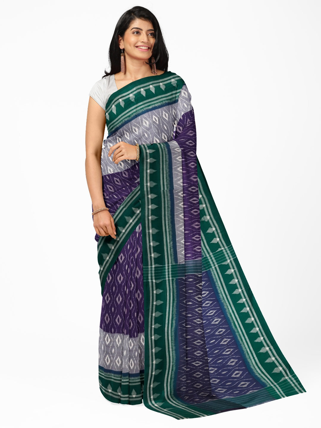 Purple and Green Cotton Ikat saree with cotton ikat blouse piece