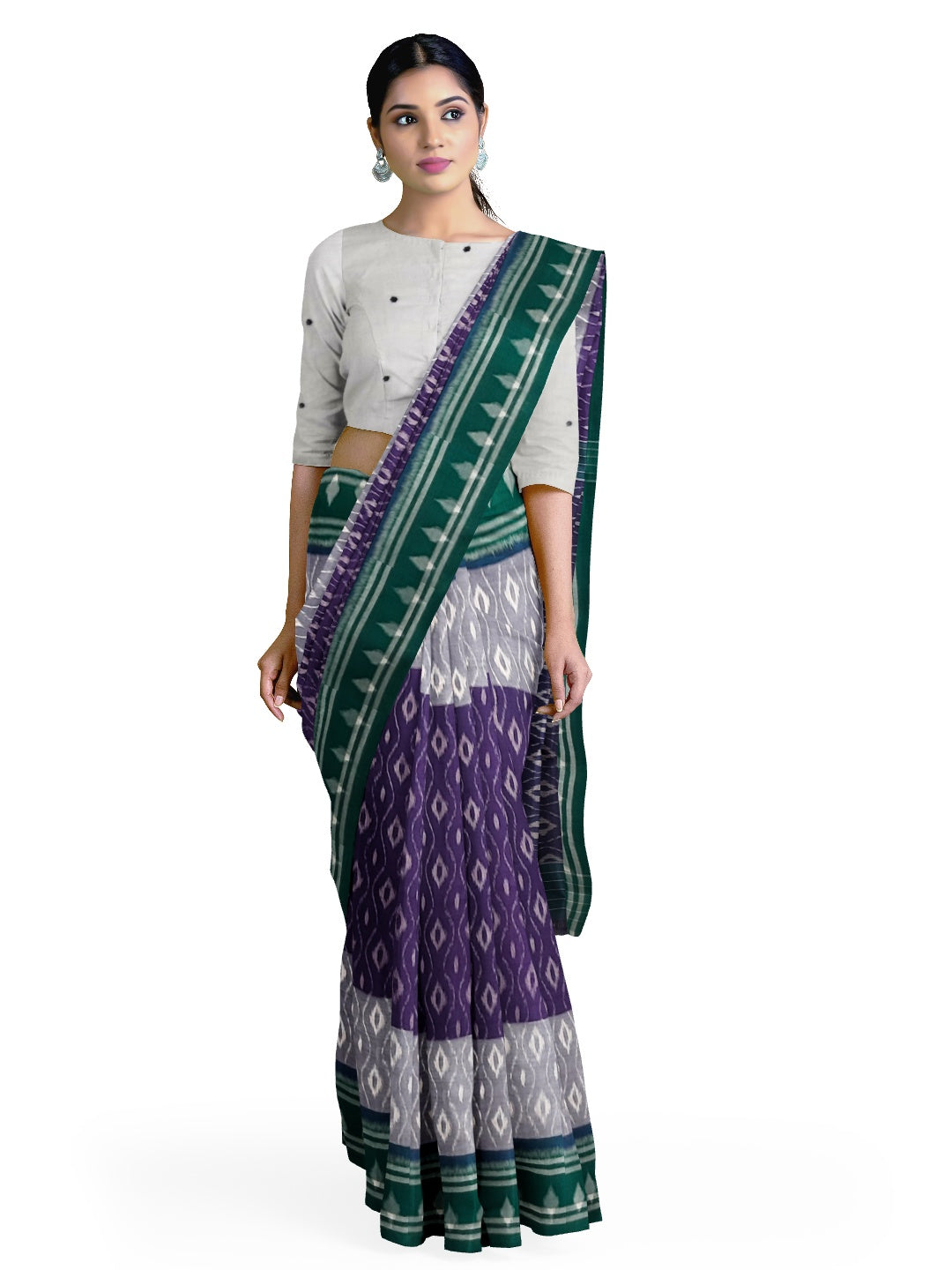 Purple and Green Cotton Ikat saree with cotton ikat blouse piece