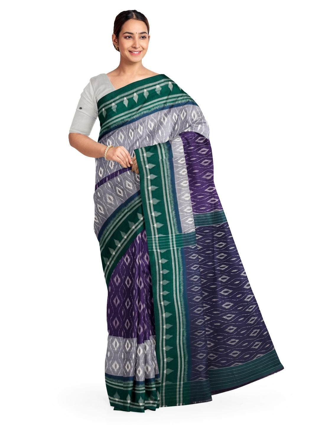 Purple and Green Cotton Ikat saree with cotton ikat blouse piece