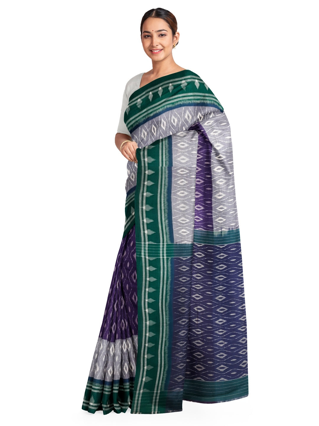 Purple and Green Cotton Ikat saree with cotton ikat blouse piece