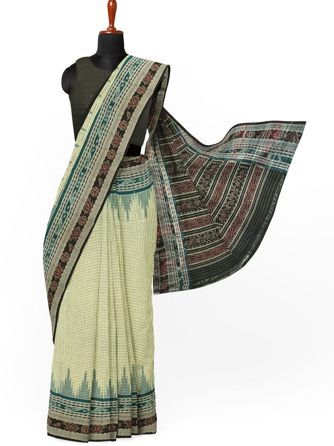 Off-white double order Sachipar Nuapatna Cotton Ikat saree with cotton ikat blouse piece