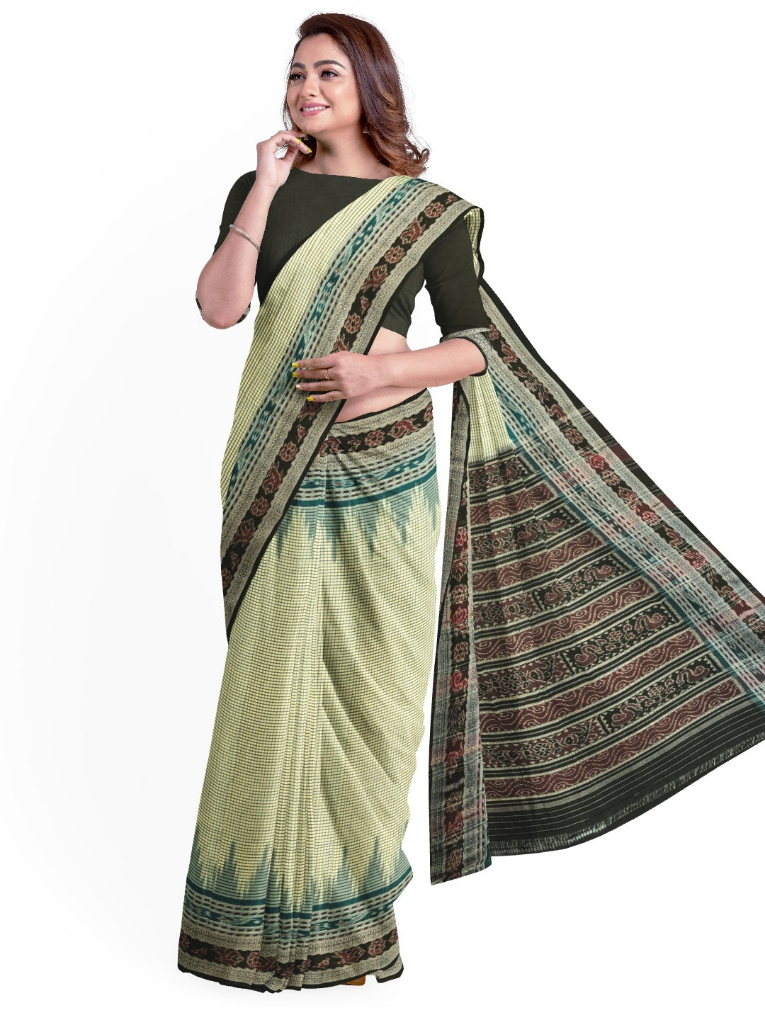 Off-white double order Sachipar Nuapatna Cotton Ikat saree with cotton ikat blouse piece