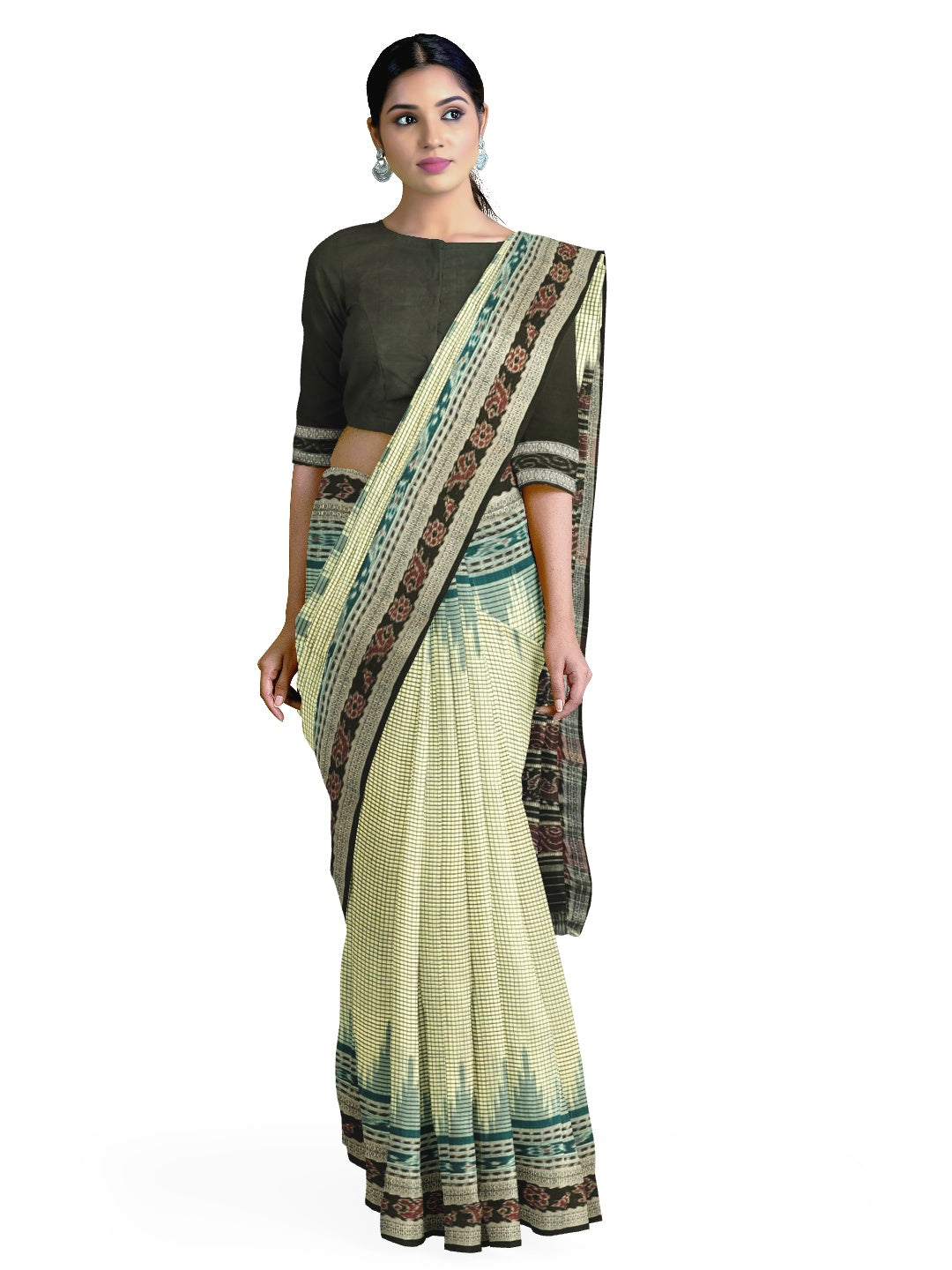 Off-white double order Sachipar Nuapatna Cotton Ikat saree with cotton ikat blouse piece