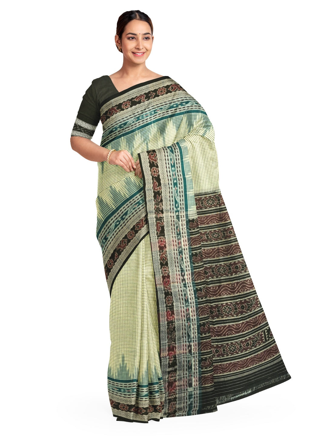 Off-white double order Sachipar Nuapatna Cotton Ikat saree with cotton ikat blouse piece