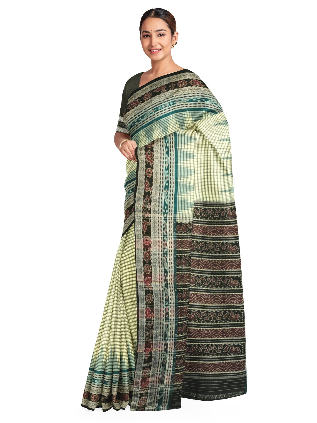 Off-white double order Sachipar Nuapatna Cotton Ikat saree with cotton ikat blouse piece