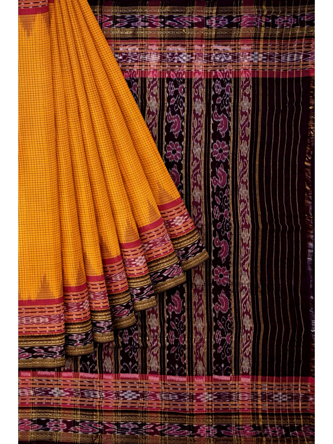 Yellow double order Sachipar Nuapatna Cotton Ikat saree with cotton ikat blouse piece