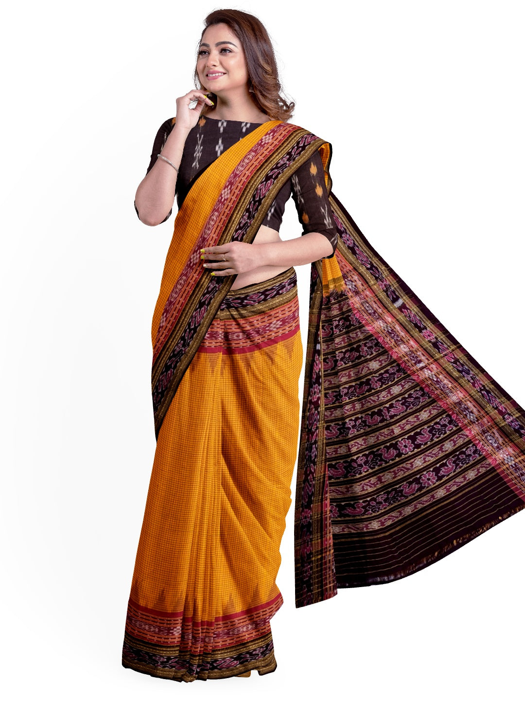Yellow double order Sachipar Nuapatna Cotton Ikat saree with cotton ikat blouse piece
