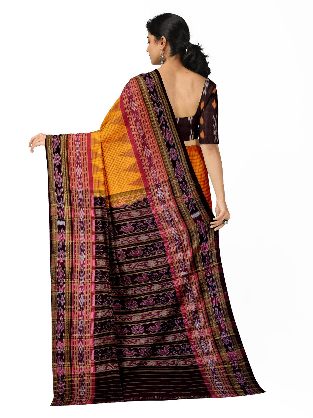 Yellow double order Sachipar Nuapatna Cotton Ikat saree with cotton ikat blouse piece