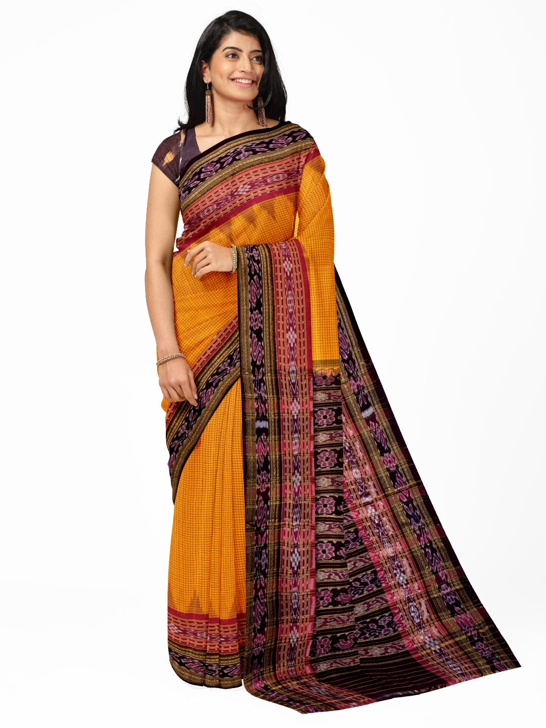 Yellow double order Sachipar Nuapatna Cotton Ikat saree with cotton ikat blouse piece
