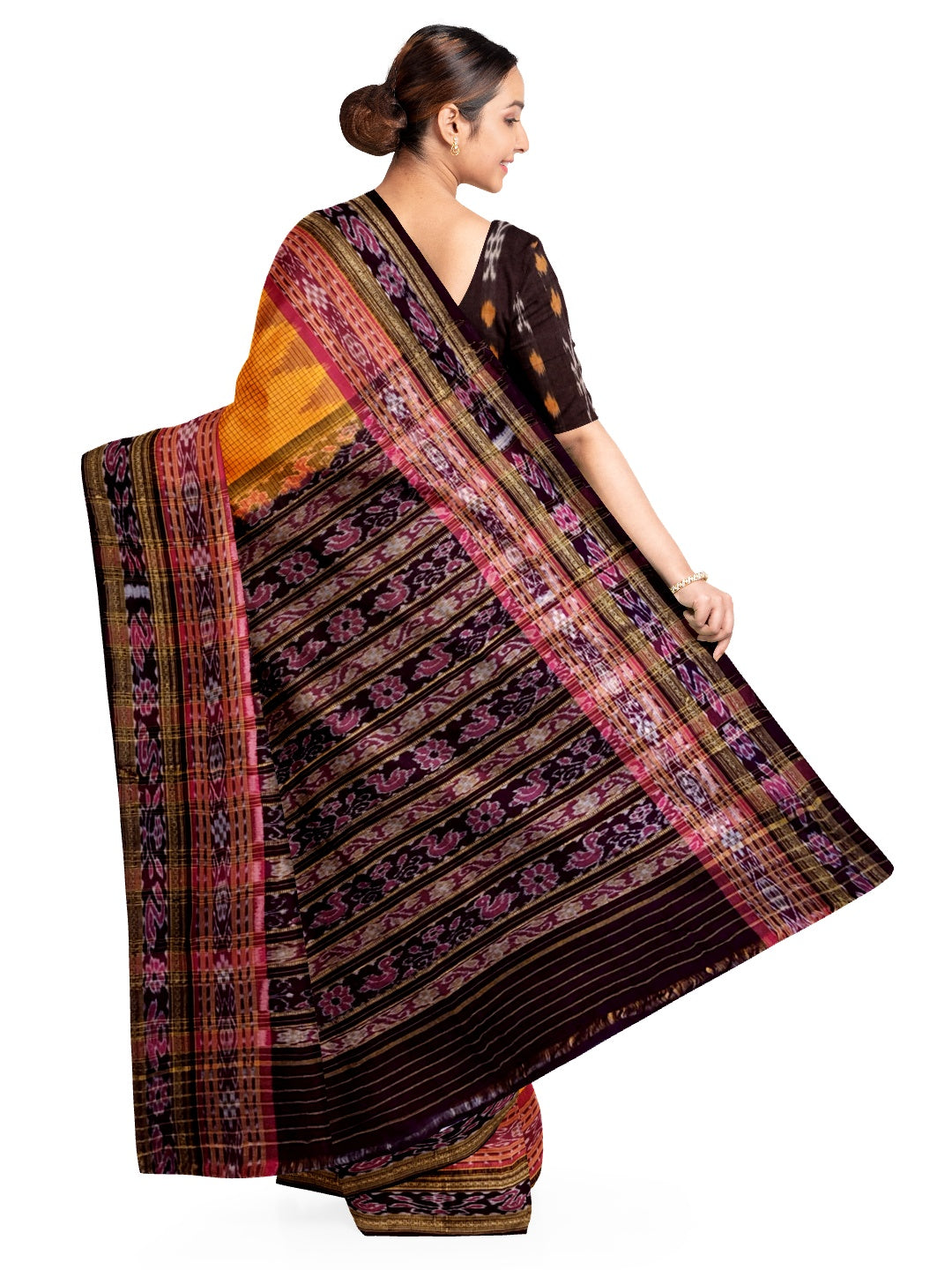Yellow double order Sachipar Nuapatna Cotton Ikat saree with cotton ikat blouse piece
