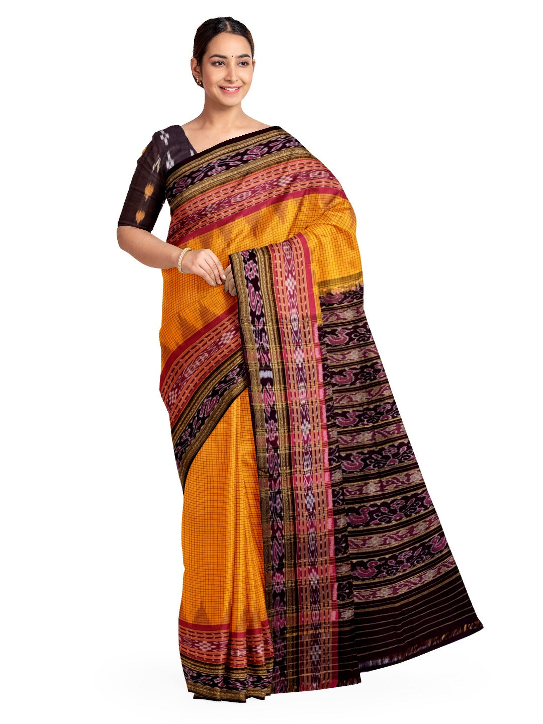 Yellow double order Sachipar Nuapatna Cotton Ikat saree with cotton ikat blouse piece
