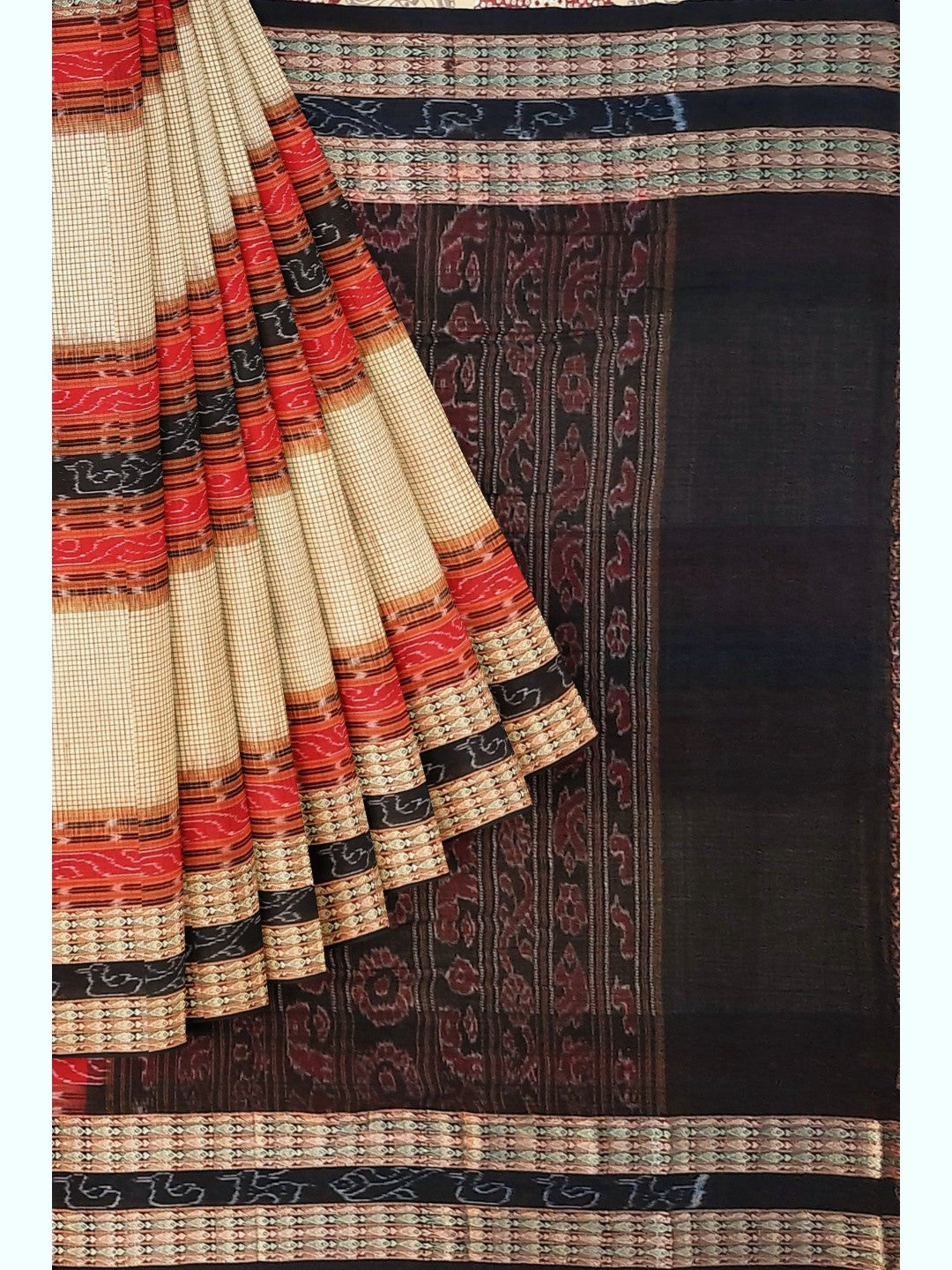 Beige Sambalpuri Sachipar Cotton Saree with cotton ikat blouse piece