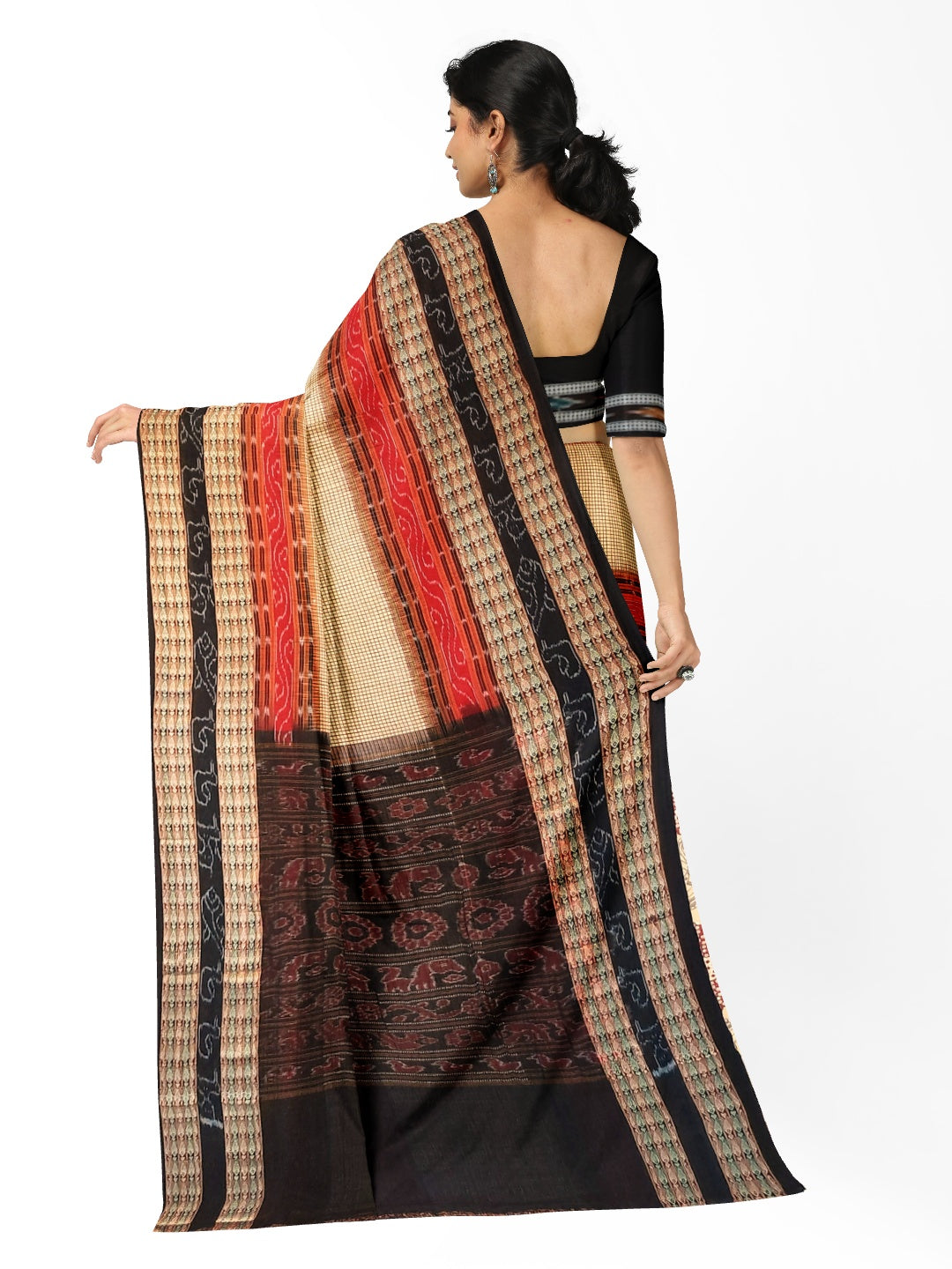 Beige Sambalpuri Sachipar Cotton Saree with cotton ikat blouse piece