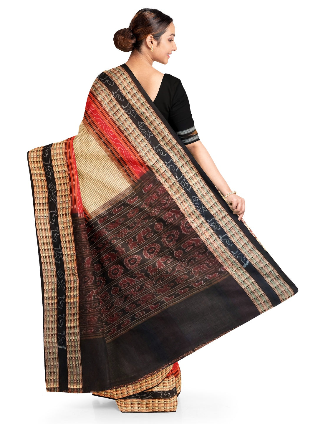 Beige Sambalpuri Sachipar Cotton Saree with cotton ikat blouse piece