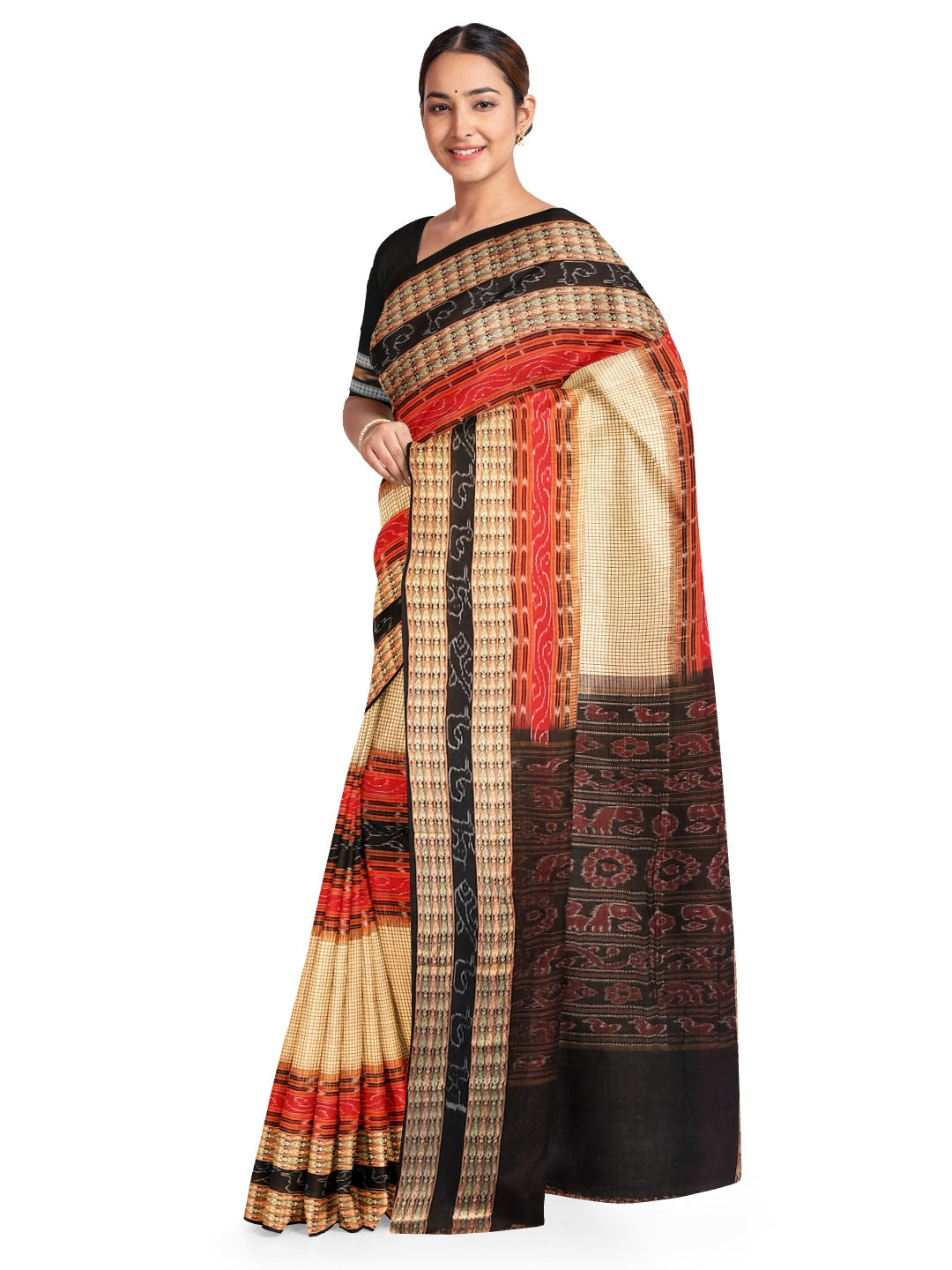 Beige Sambalpuri Sachipar Cotton Saree with cotton ikat blouse piece