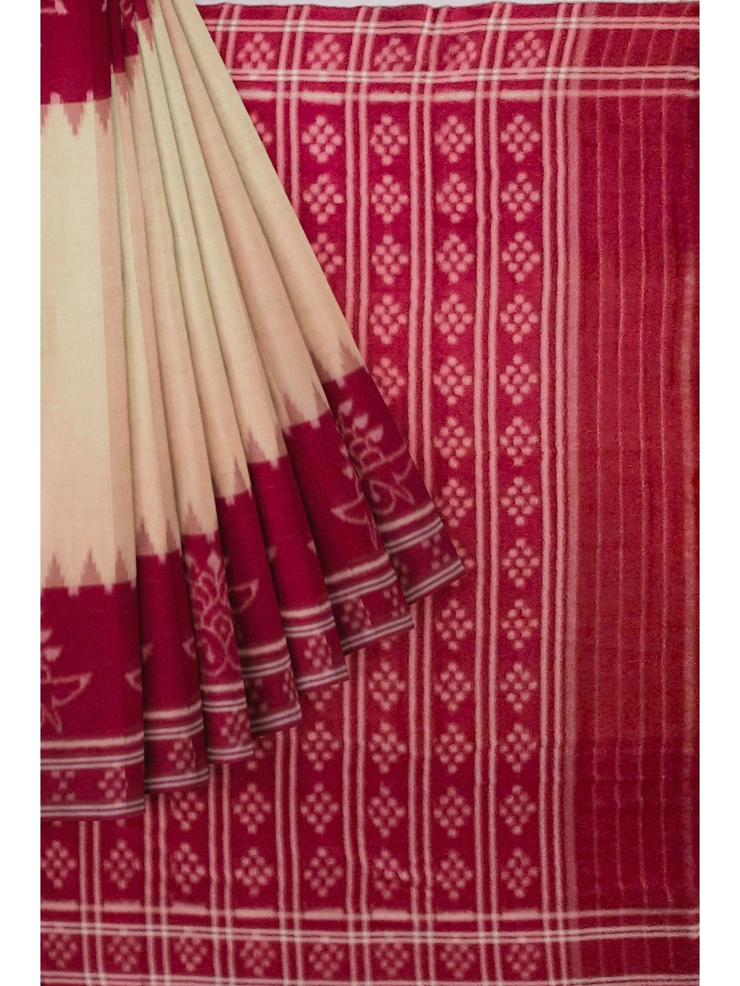 Beige and Maroon wide border Cotton Odisha Ikat saree with cotton ikat blouse piece