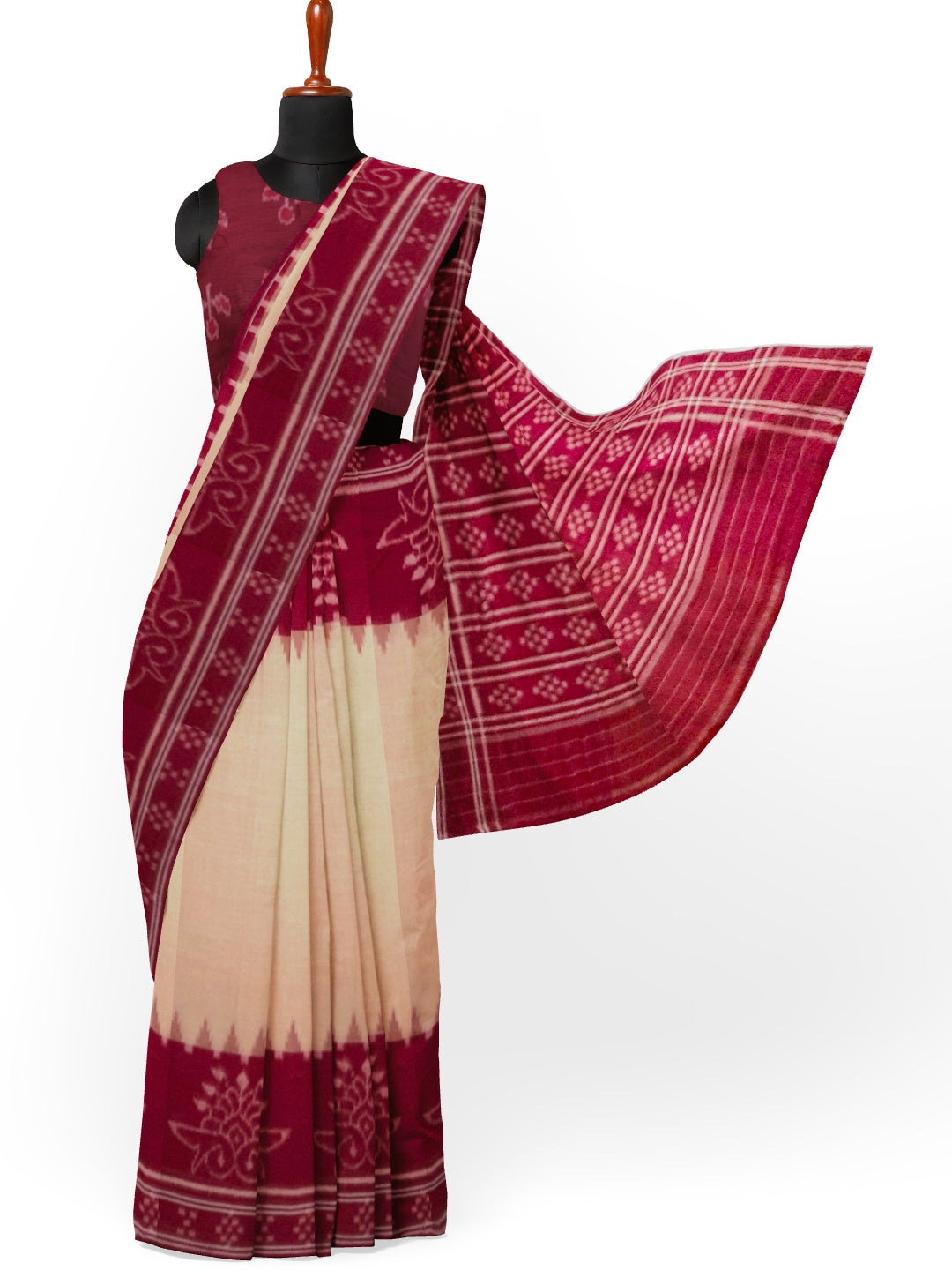 Beige and Maroon wide border Cotton Odisha Ikat saree with cotton ikat blouse piece