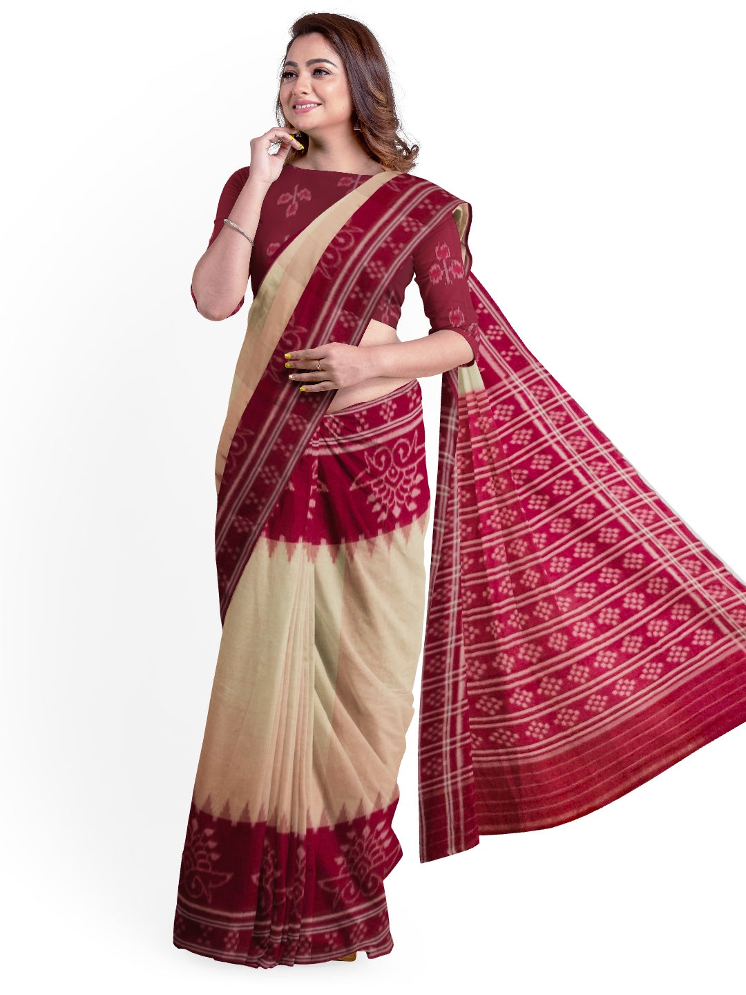 Beige and Maroon wide border Cotton Odisha Ikat saree with cotton ikat blouse piece
