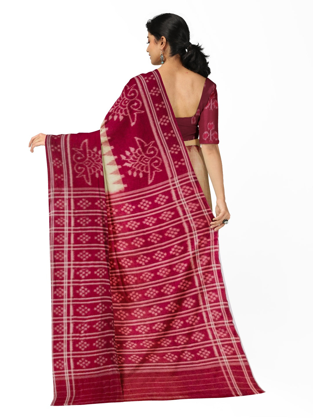 Beige and Maroon wide border Cotton Odisha Ikat saree with cotton ikat blouse piece