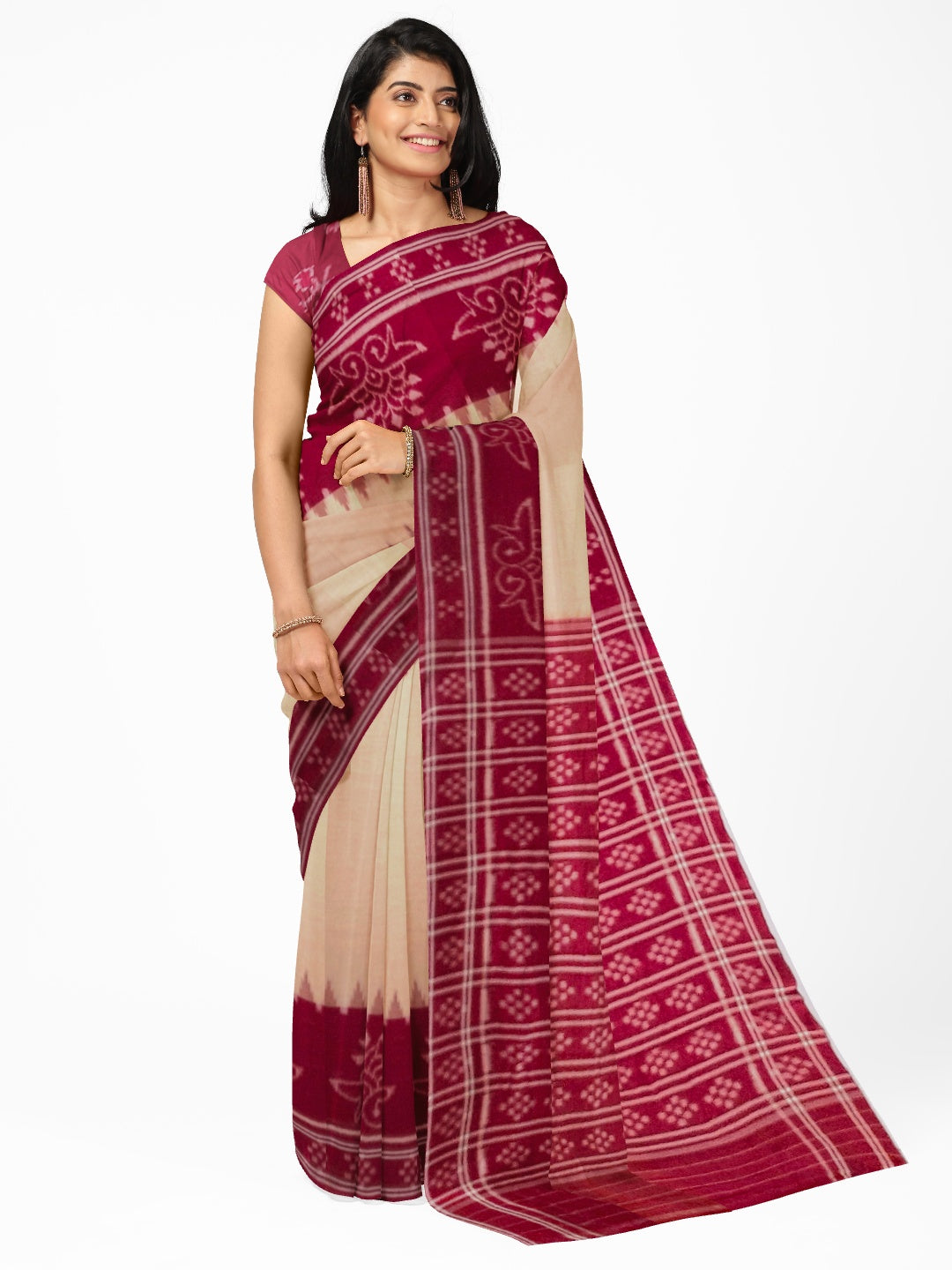 Beige and Maroon wide border Cotton Odisha Ikat saree with cotton ikat blouse piece