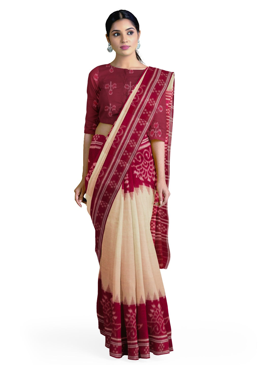 Beige and Maroon wide border Cotton Odisha Ikat saree with cotton ikat blouse piece