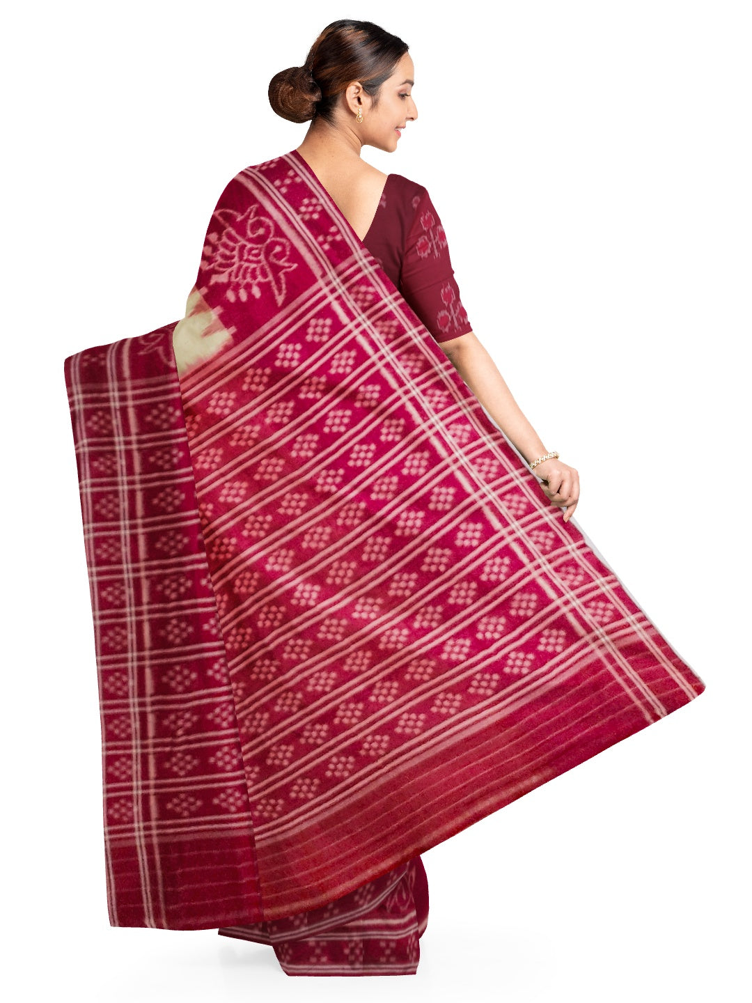 Beige and Maroon wide border Cotton Odisha Ikat saree with cotton ikat blouse piece