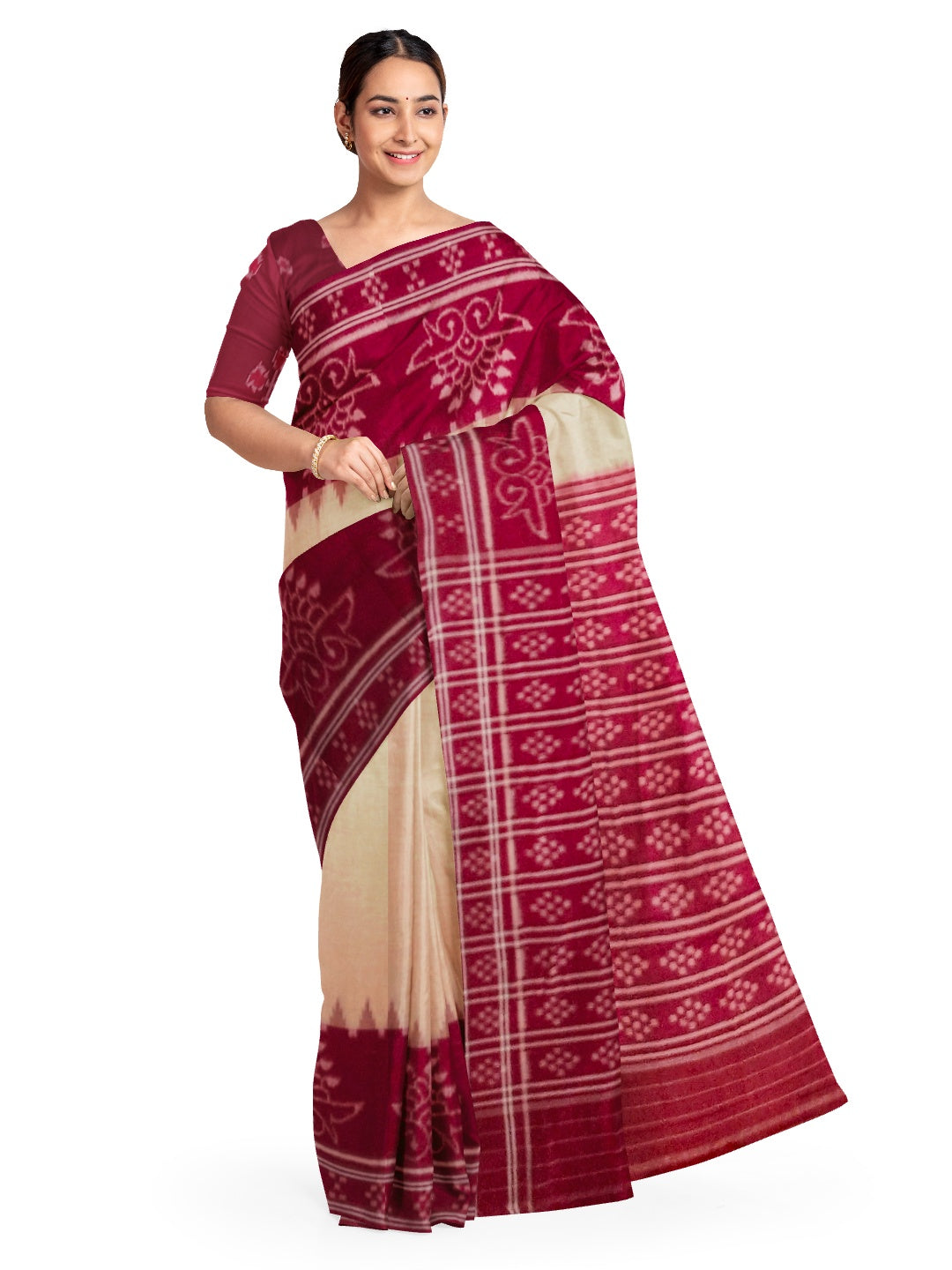 Beige and Maroon wide border Cotton Odisha Ikat saree with cotton ikat blouse piece