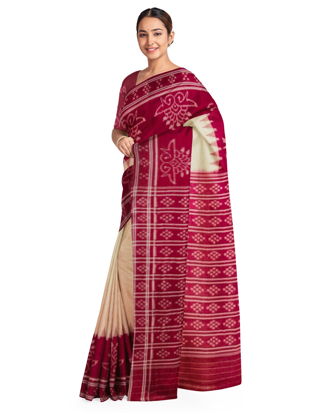 Beige and Maroon wide border Cotton Odisha Ikat saree with cotton ikat blouse piece