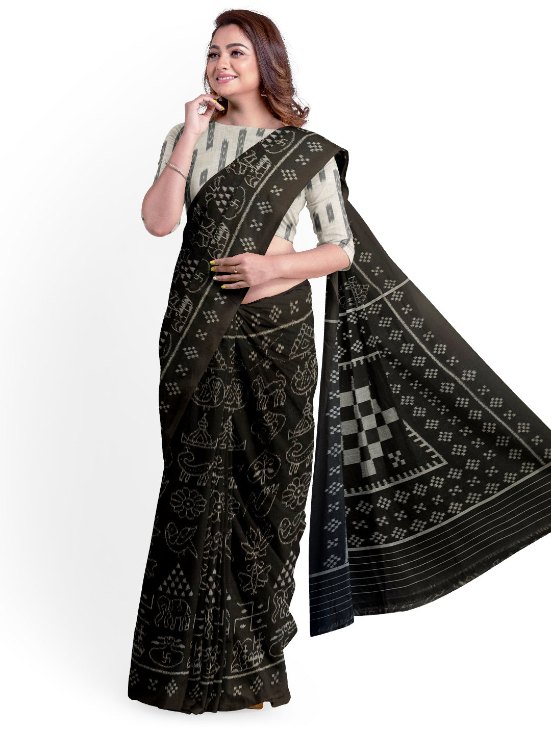 Black Nabakothi Pattern ikat cotton Saree with mix match cotton Ikat blouse
