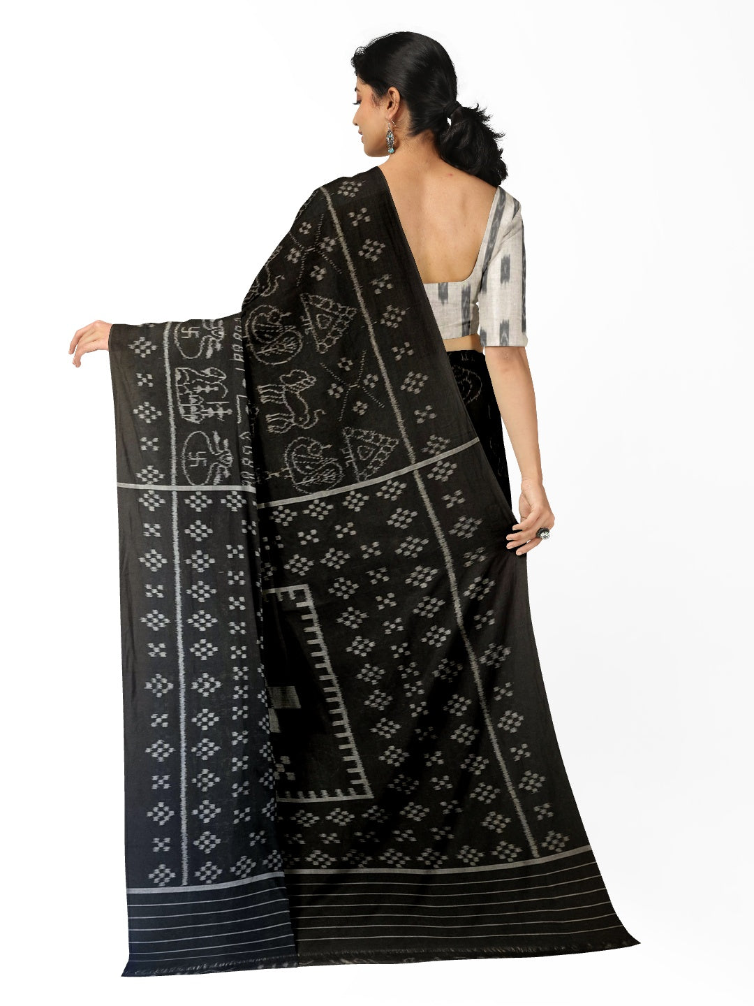 Black Nabakothi Pattern ikat cotton Saree with mix match cotton Ikat blouse