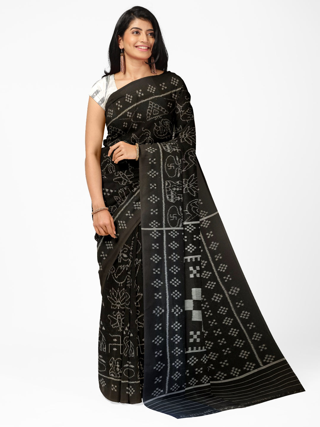 Black Nabakothi Pattern ikat cotton Saree with mix match cotton Ikat blouse