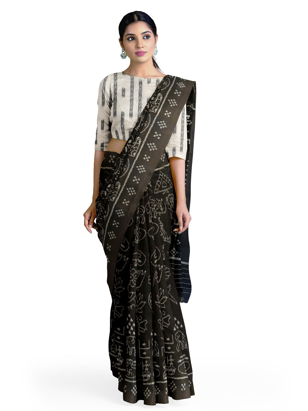 Black Nabakothi Pattern ikat cotton Saree with mix match cotton Ikat blouse