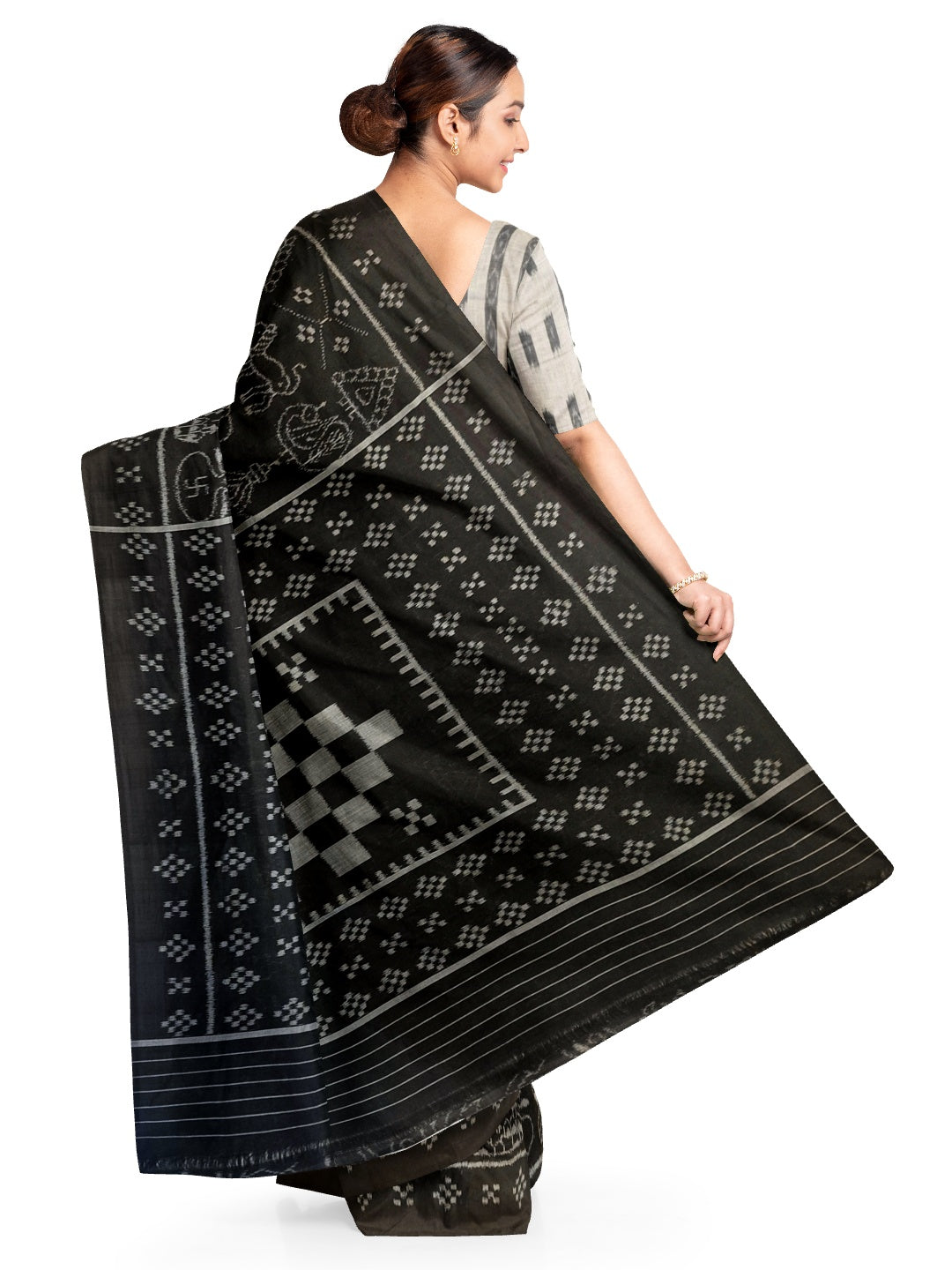 Black Nabakothi Pattern ikat cotton Saree with mix match cotton Ikat blouse