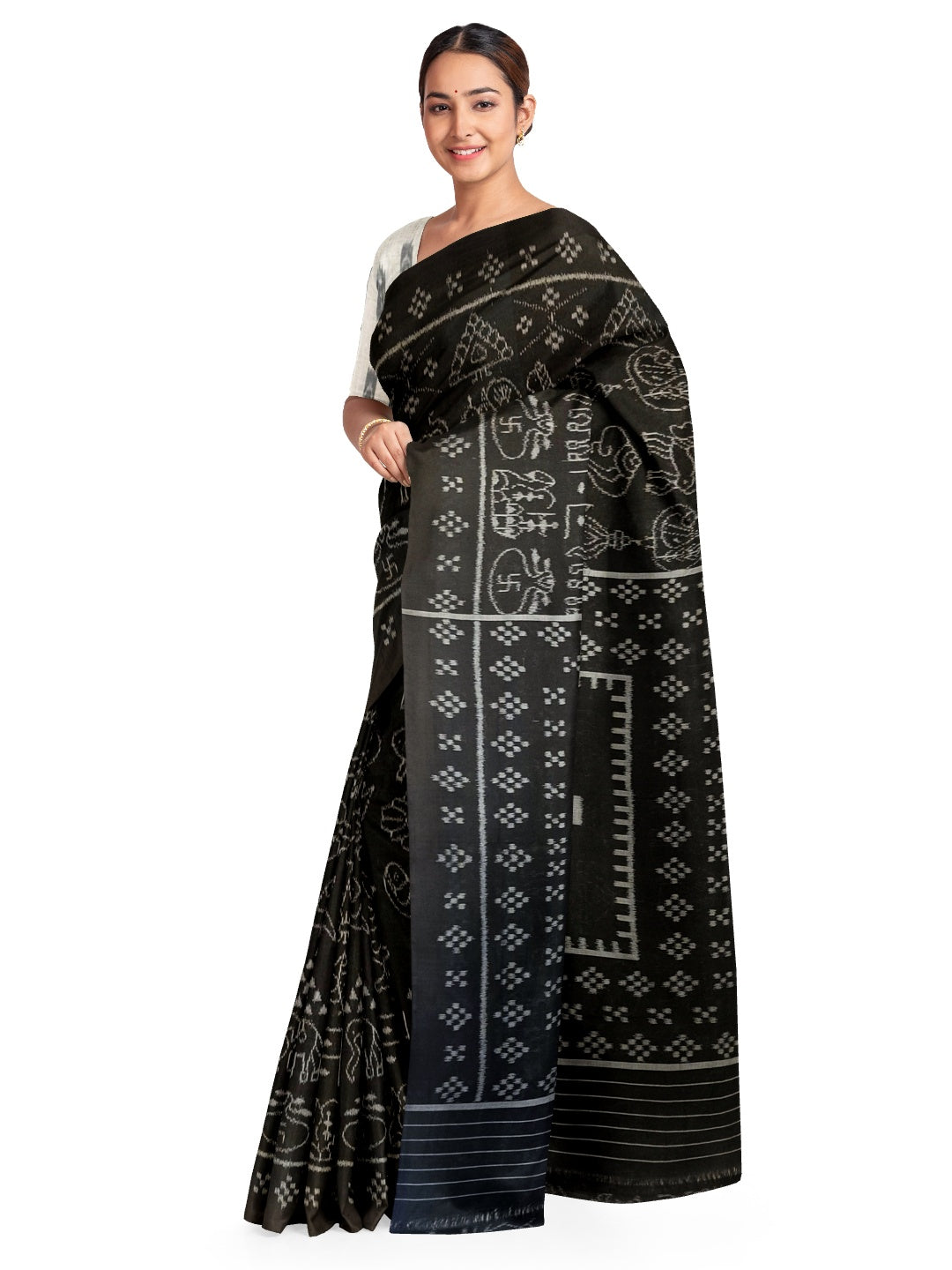 Black Nabakothi Pattern ikat cotton Saree with mix match cotton Ikat blouse
