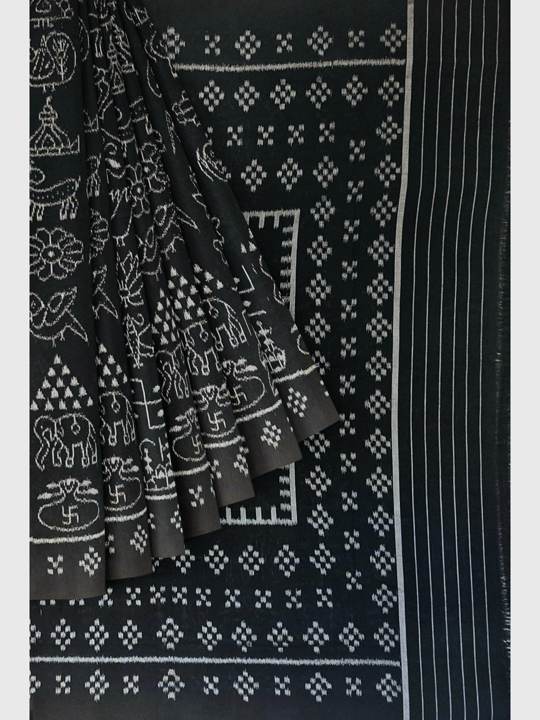 Black Nabakothi Pattern ikat cotton Saree with mix match cotton Ikat blouse