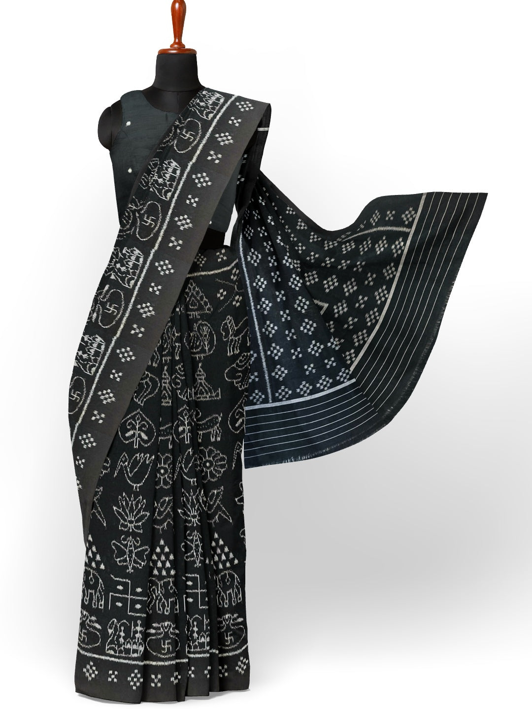 Black Nabakothi Pattern ikat cotton Saree with mix match cotton Ikat blouse