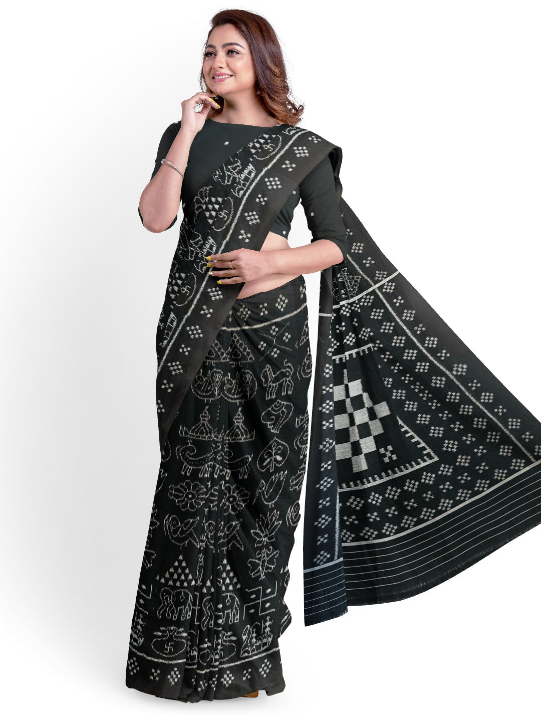 Black Nabakothi Pattern ikat cotton Saree with mix match cotton Ikat blouse
