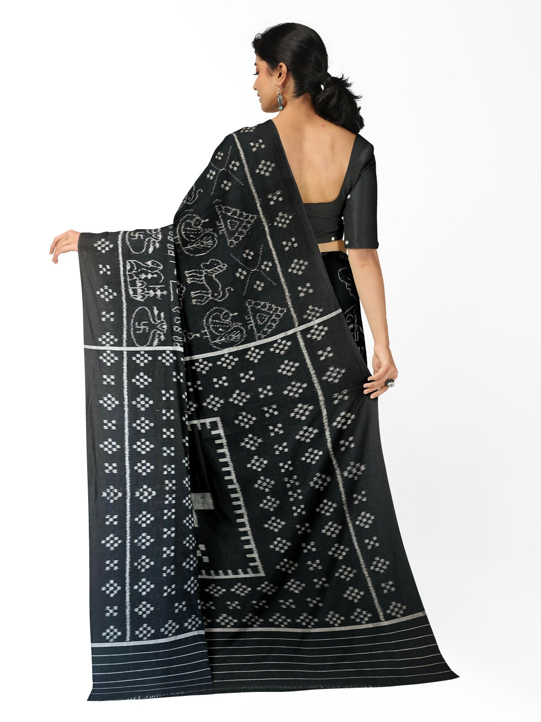 Black Nabakothi Pattern ikat cotton Saree with mix match cotton Ikat blouse